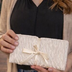 Satiny White Tie-Front Cosmetic Bag | Travel Makeup Organizer | Clutch